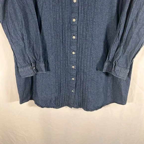 Woman Within Blouse Women's Medium 14 16 Dark Wash Blue Vneck Button Up Long Sle - Picture 3 of 9